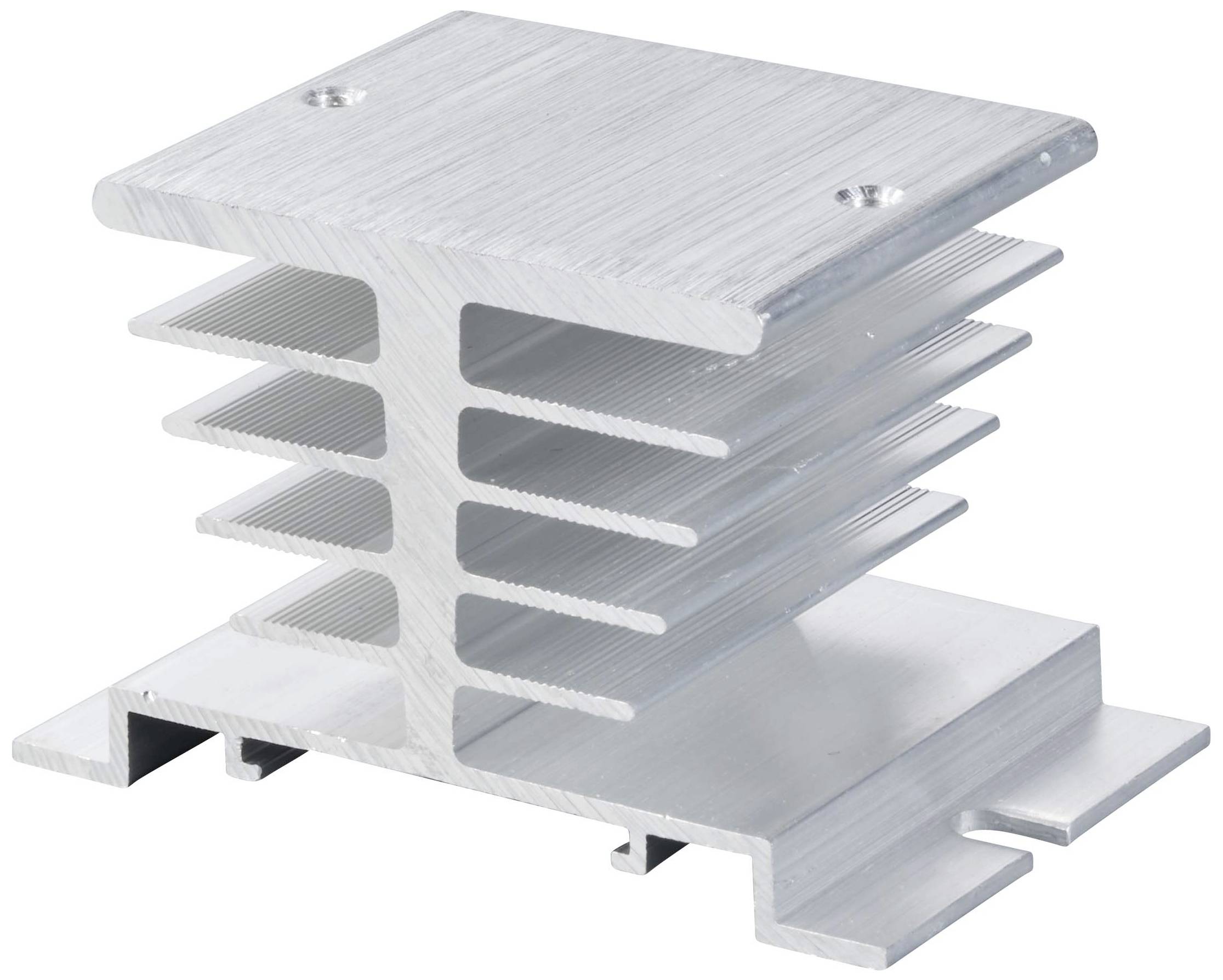 A silver-coloured metal heatsink with multiple flat fins for heat dissipation.