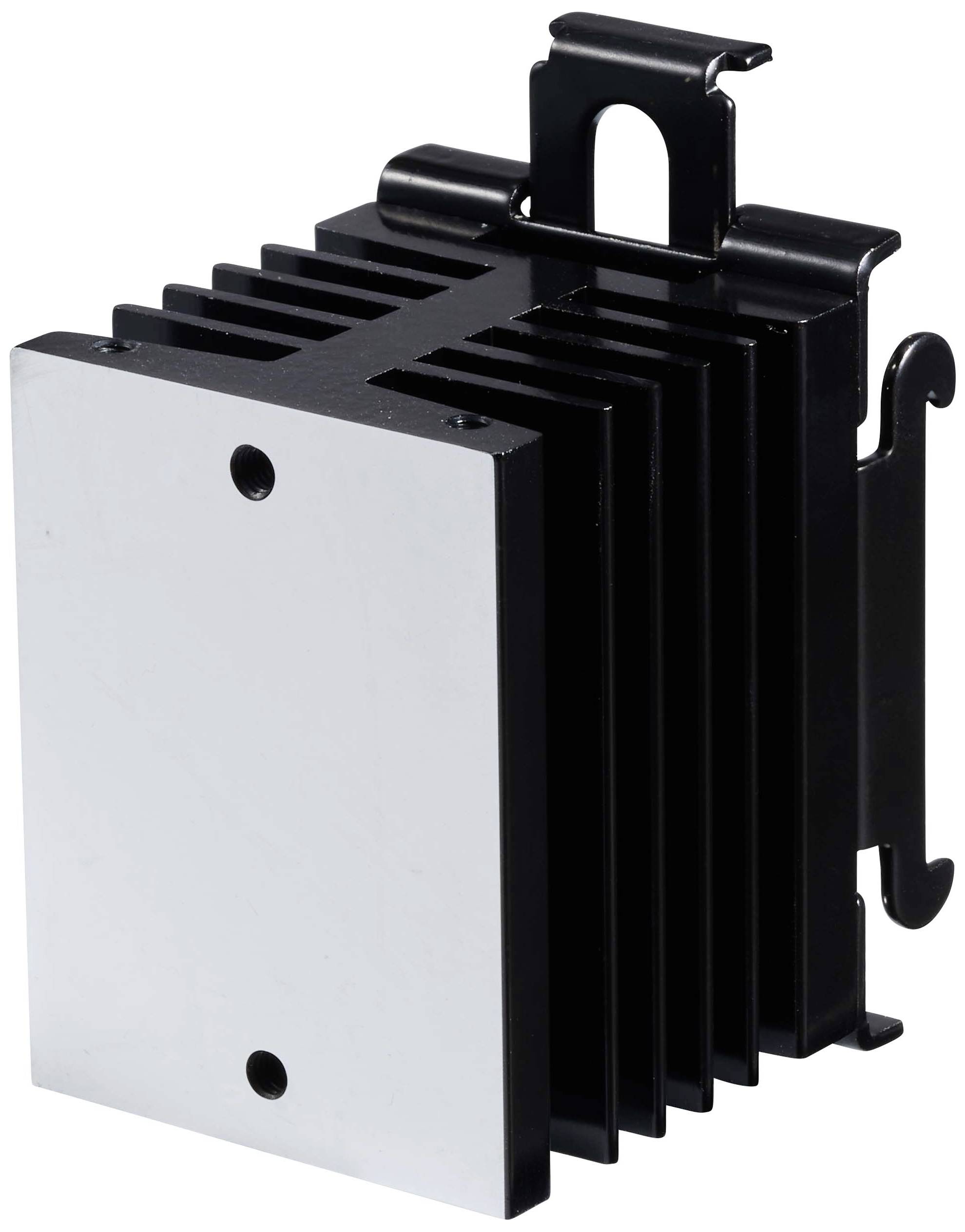 Heat sink made of black metal with multiple fins for heat dissipation and a silver front plate. Ideal for electronic devices.