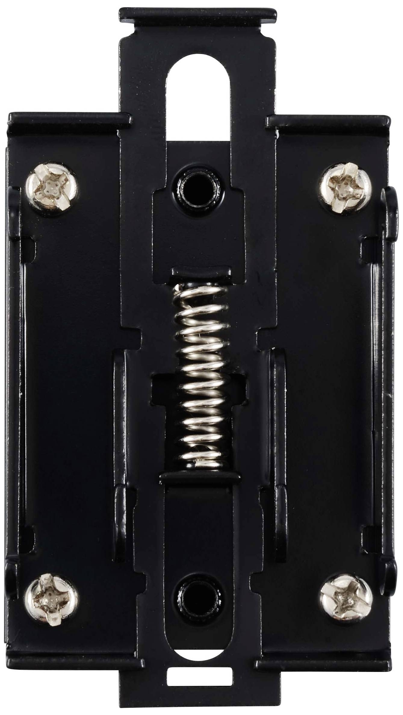 A black wall switch with a visible spiral spring in the centre and four screws at the corners for mounting.