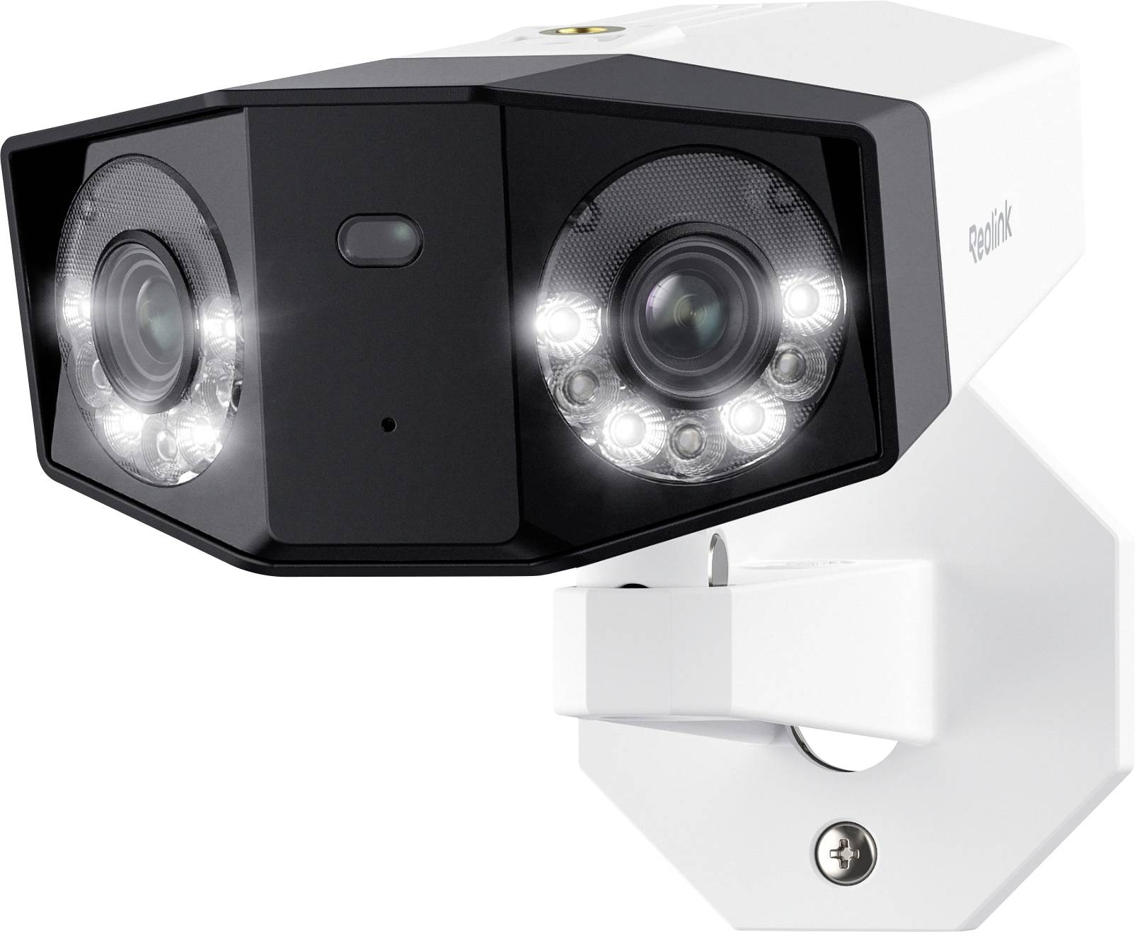 A security camera with dual lenses and infrared lights mounted on a white bracket, designed for surveillance and nighttime visibility.