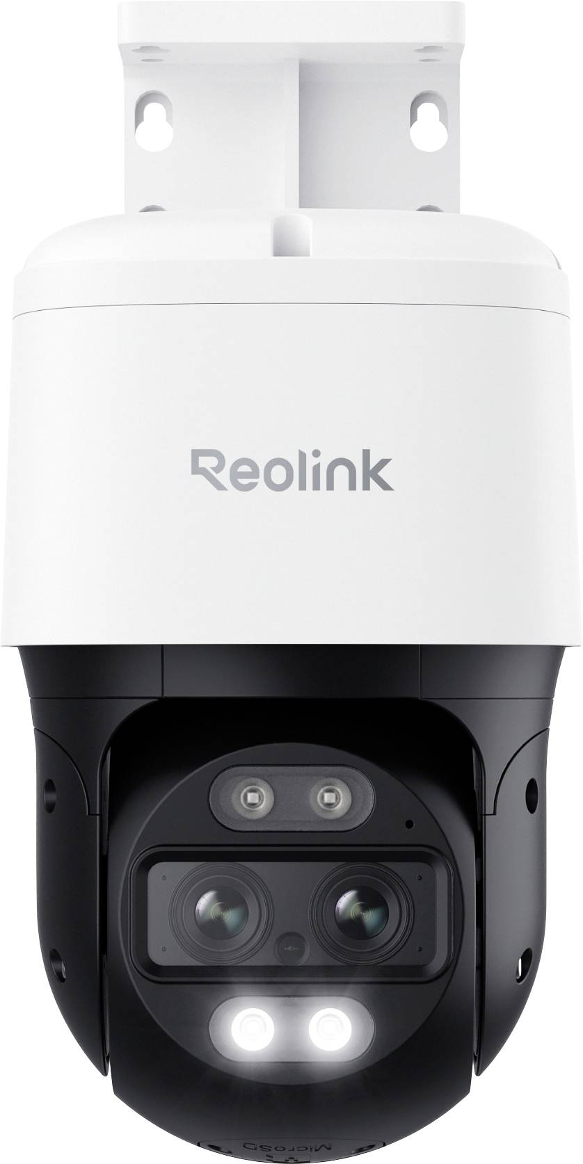 A Reolink outdoor security camera with a black and white design, featuring multiple lenses and LED lights for night vision functionality.