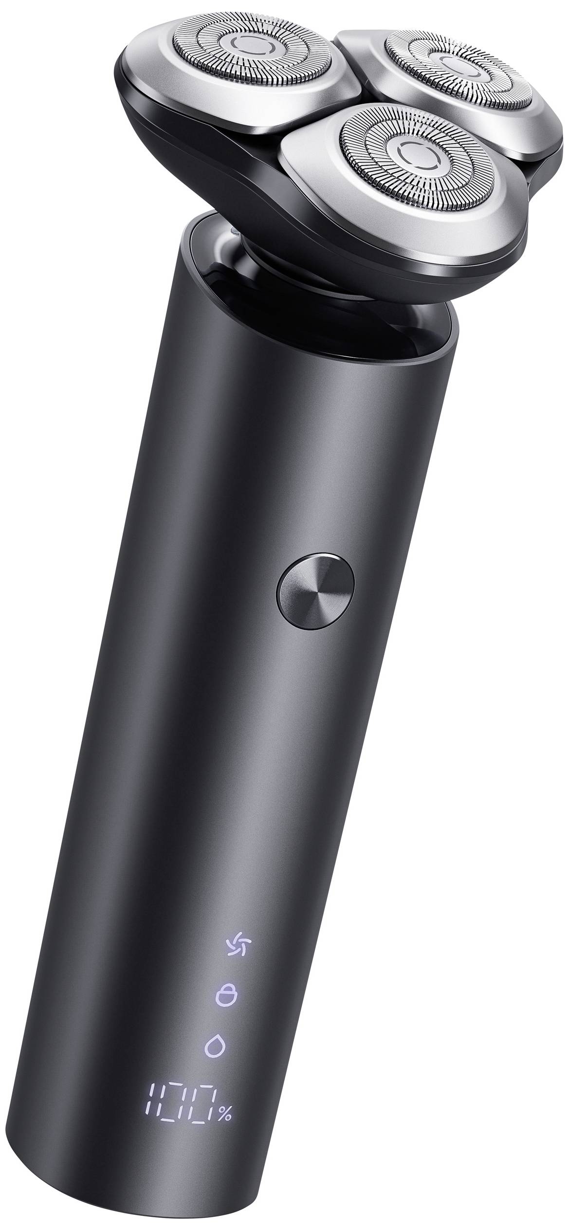 Electric shaver with triple rotating cutting head and digital display for battery status indication.