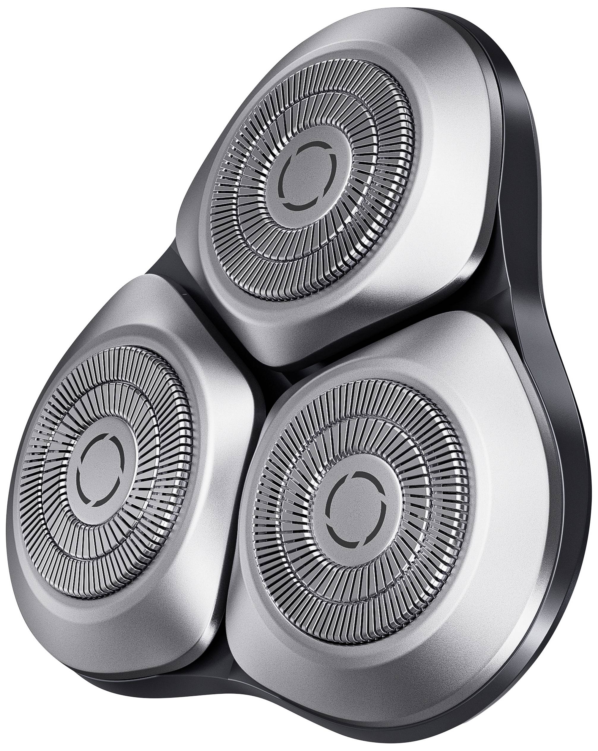 Three circular razor heads with metal grids, evenly arranged for an electric shaver.