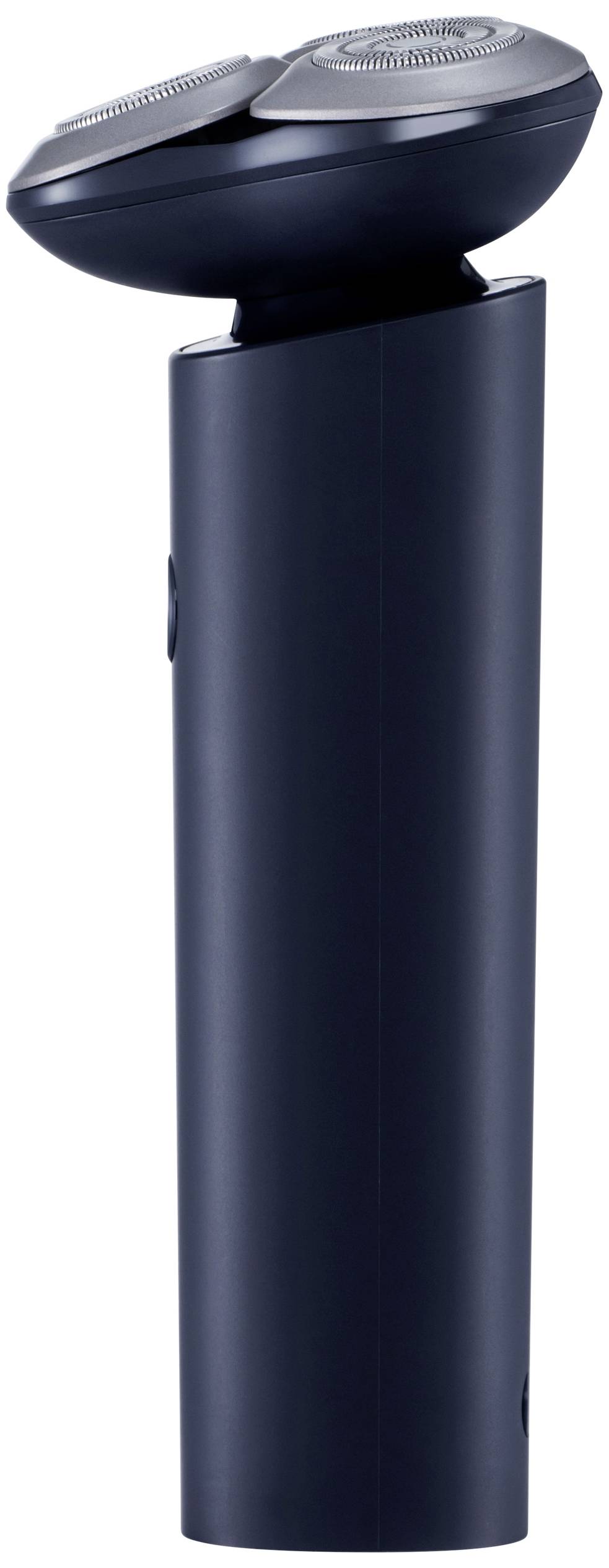 Black electric razor with two round shaving heads, viewed from the side.