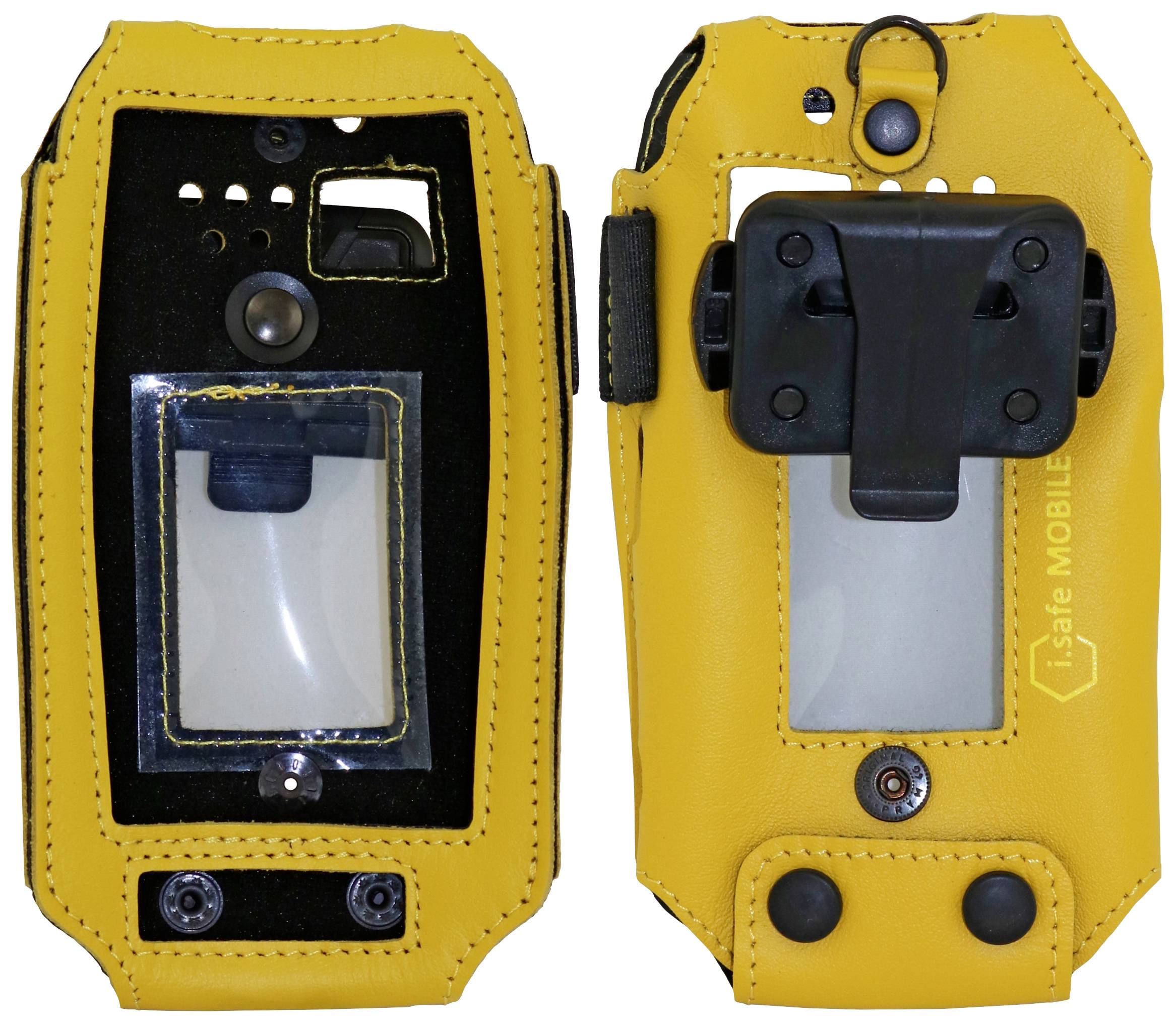 Yellow, robust protective case for mobile devices with transparent windows and cut-outs for buttons and camera.