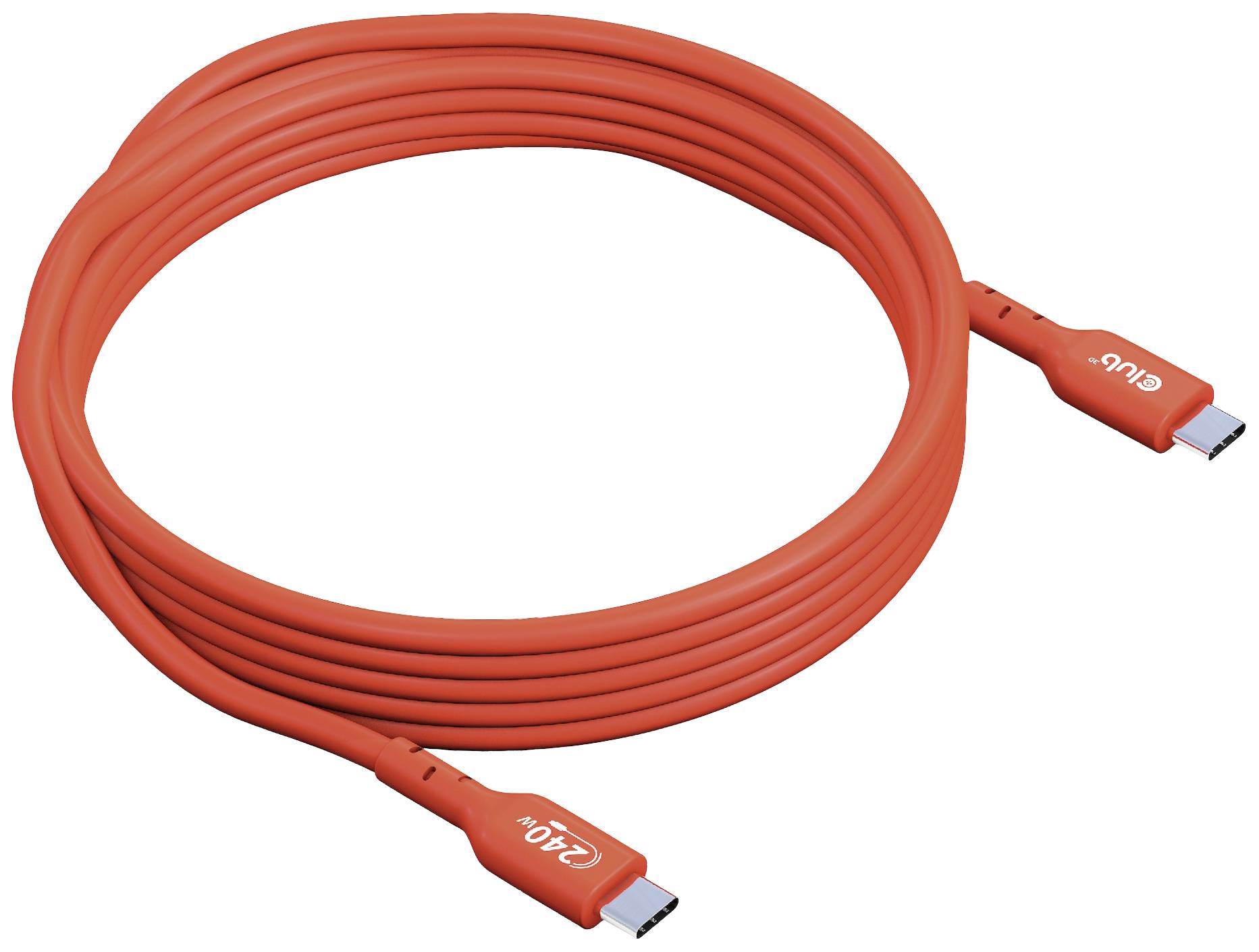 A red USB-C cable with '240W' printed on the connectors, tightly coiled.