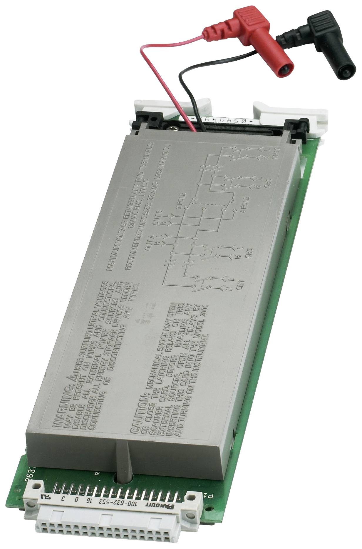 Individual electrical circuit component on a circuit board. Two cables, red and black, are connected at the top.