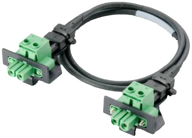 A black cable with green connectors at both ends, suitable for connecting electronic devices.