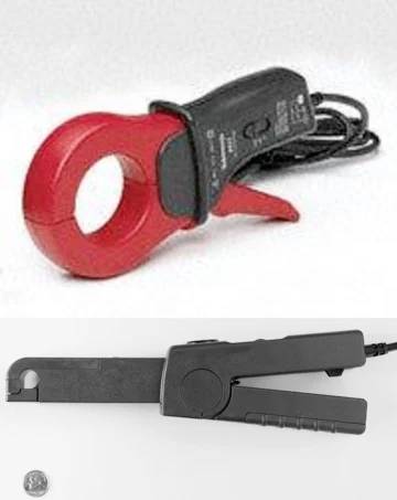 Two electrical current clamps: at the top a red model with cable, at the bottom a grey model with a sliding mechanism.