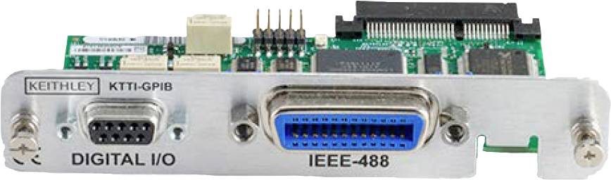 A green printed circuit board with various connectors, including a 9-pin socket for digital input/output and IEEE-488.