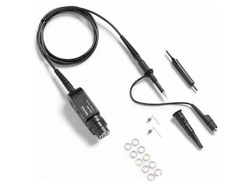 Oscilloscope probe with cable, test probe and accessories such as rings and clamps for electronic measurements.