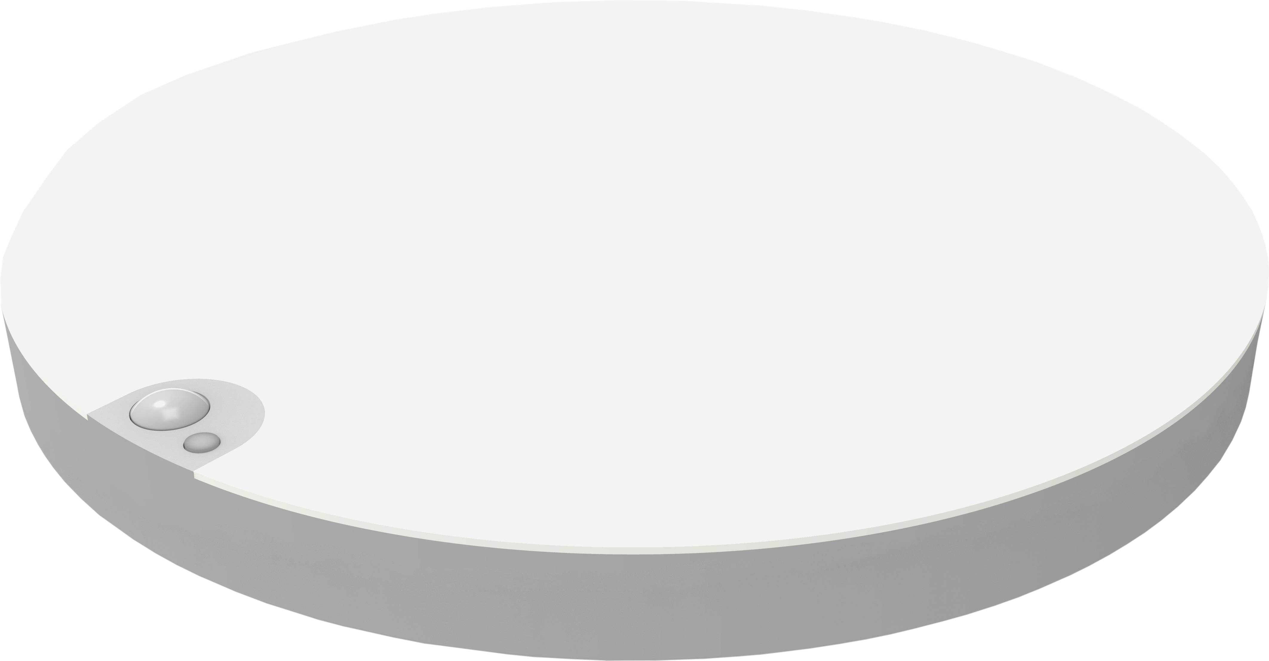 A round, flat, white disc with a grey rim and two buttons on its surface.