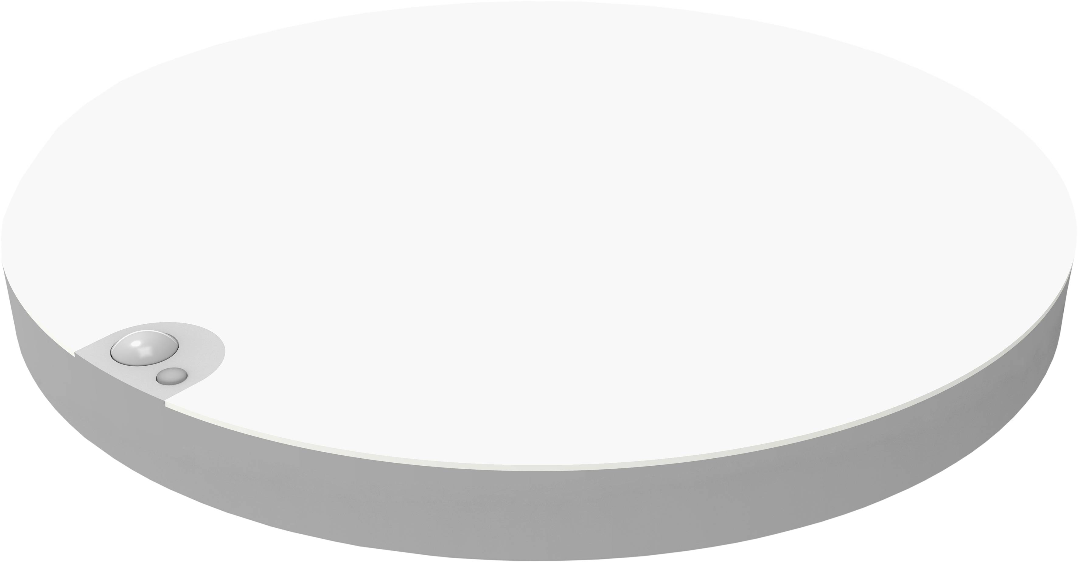 A round, flat, white bowl with two small buttons on one edge.