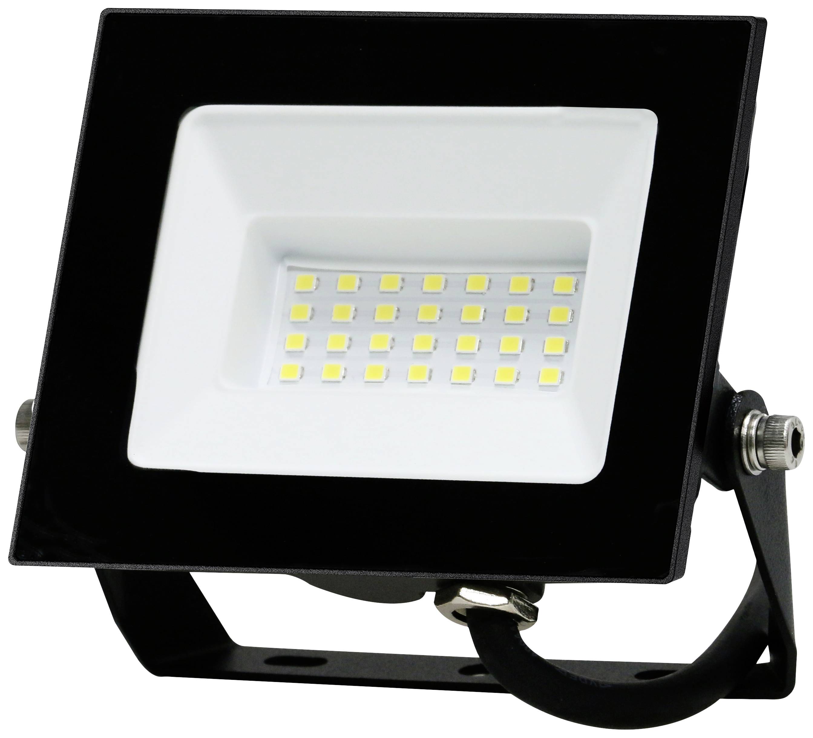 A LED floodlight with a black housing and several small yellow lights inside. It is mounted on an adjustable bracket.