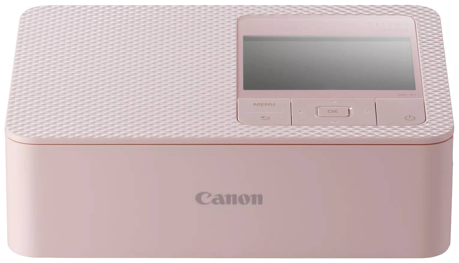 A pink Canon printer with a small display and buttons for menu, print, and power. Compact and portable, suitable for photo printing.