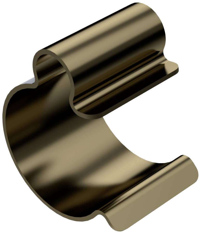 A curved, metallic component with an open recess, suitable for industrial or mechanical applications.