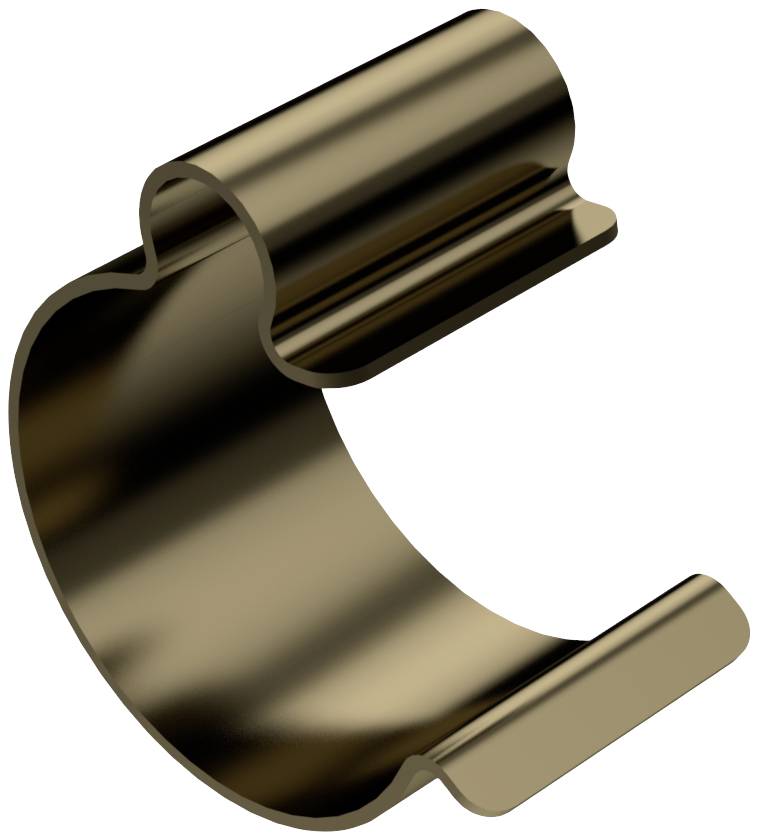 Metallic U-shaped clip, shiny and brownish, with an opening at the top. Used for attaching or securing objects.