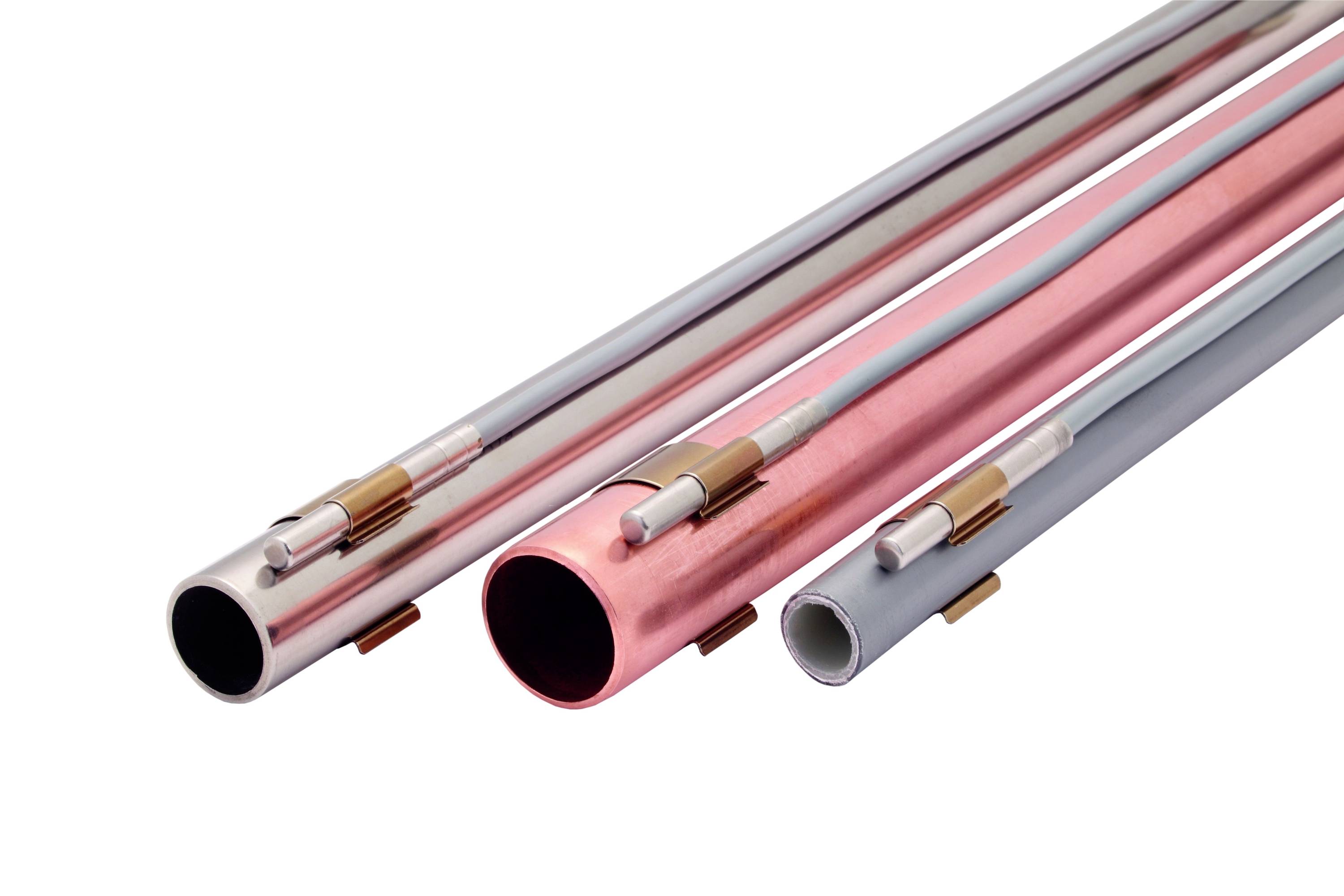 Three metal pipes with round copper connections on a white background. Each pipe is copper, silver, and pink in colour.