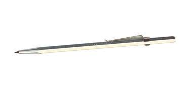 A silver ballpoint pen with a slender design and a clip on the cap, lies diagonally from bottom left to top right.