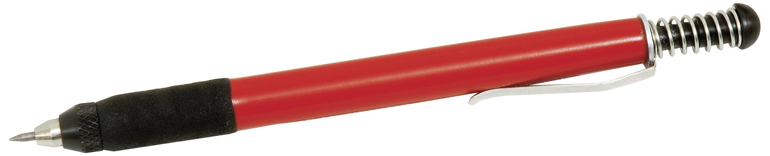 Red ballpoint pen with black tip and clip, lying down.