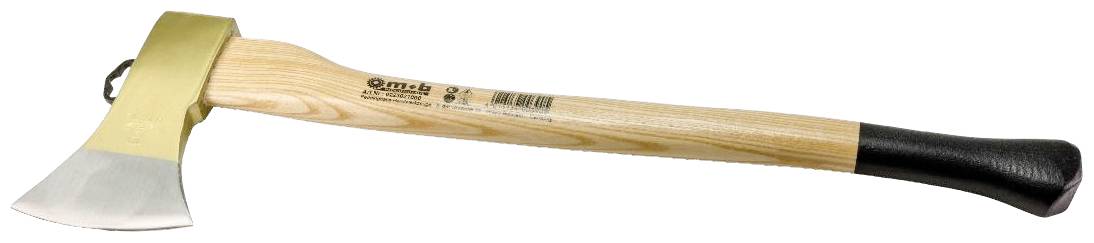 Wooden axe with wooden handle and metal head, suitable for splitting wood, on white background.