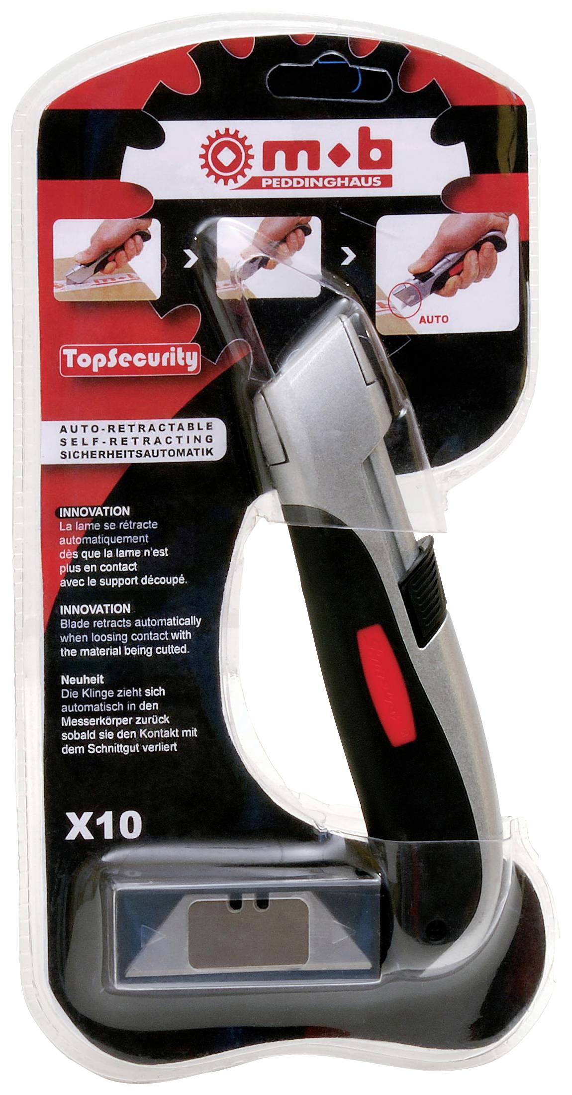 Image of a safety knife with automatic blade retraction. Packaging shows 'Top Security' and emphasises the innovation of the design.
