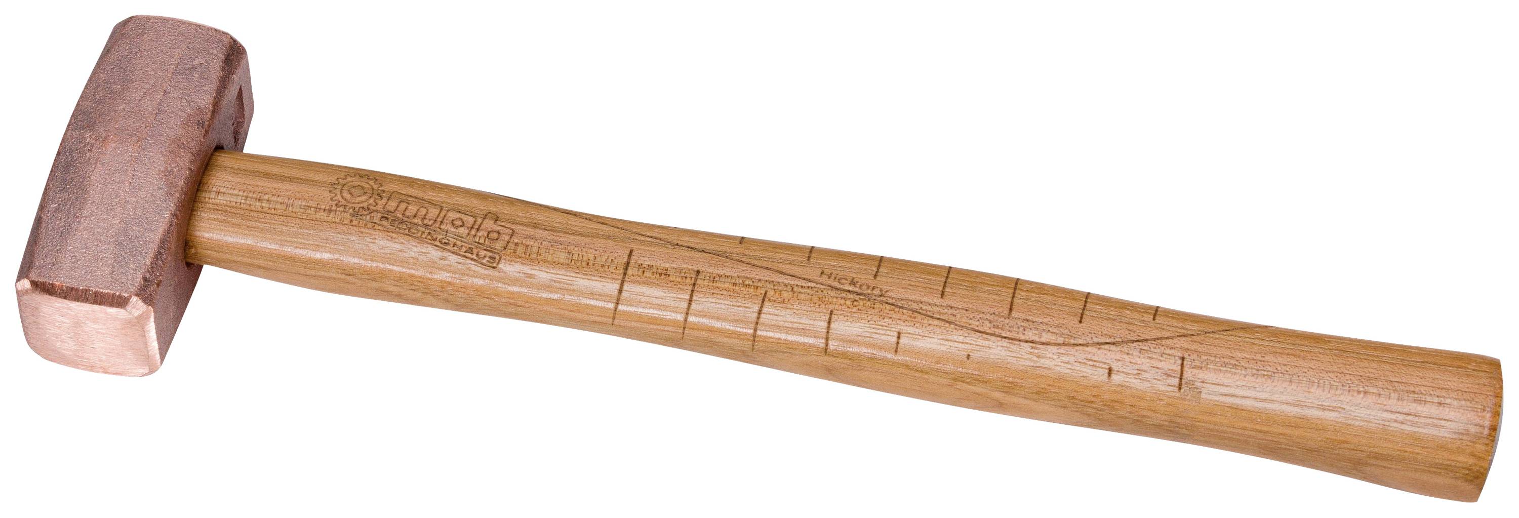A copper hammer with a wooden handle lies on a white background. The handle has an embossed scale.