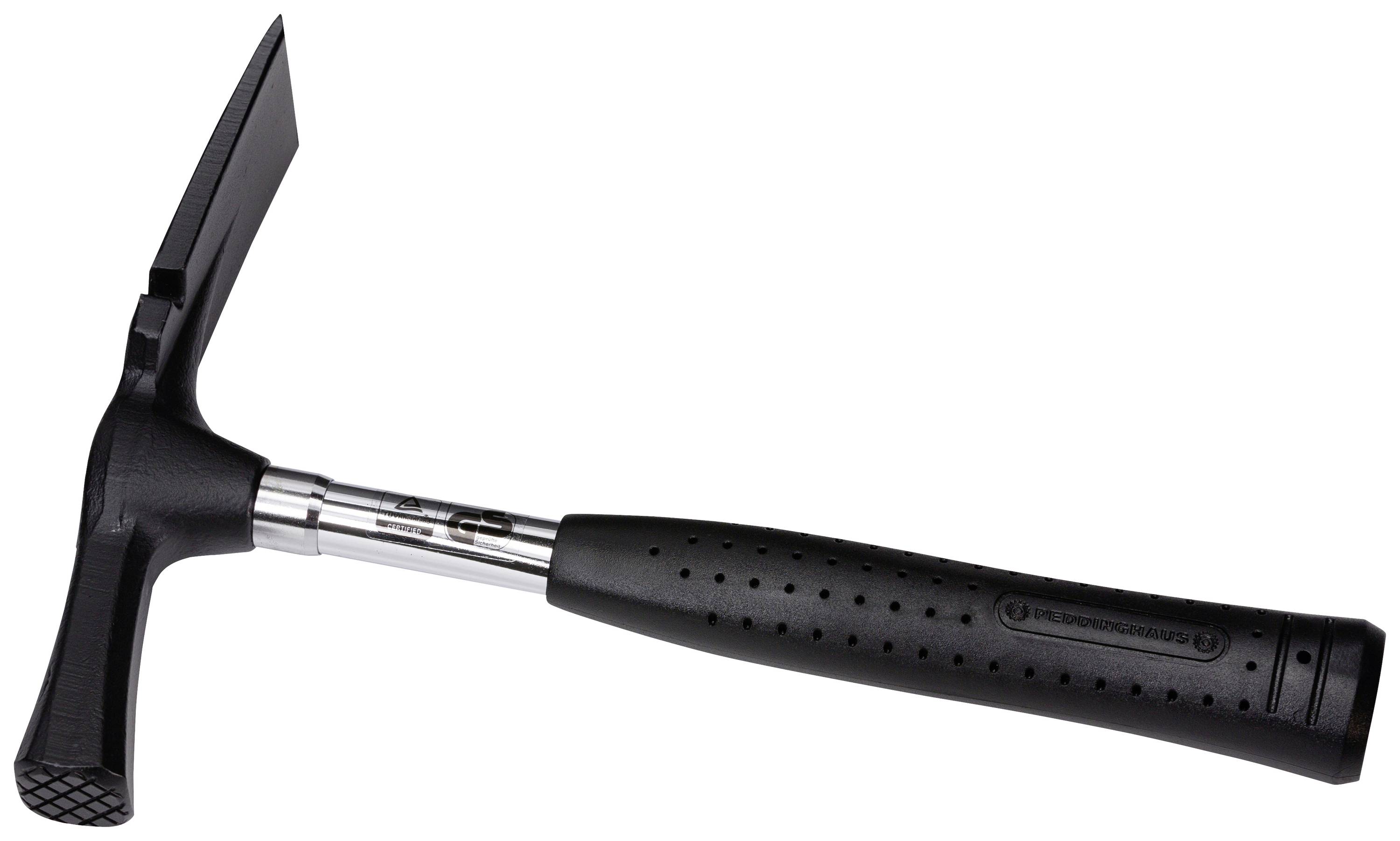 A black hammer with a non-slip grip and square striking face is resting on a white surface.