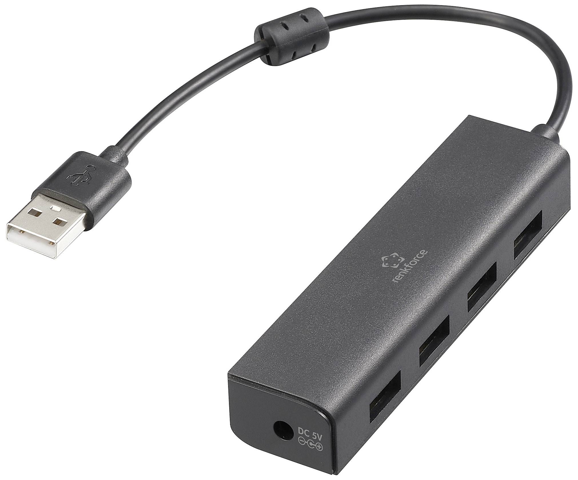 A black USB hub with four ports and USB cable, suitable for connecting multiple devices to a computer.