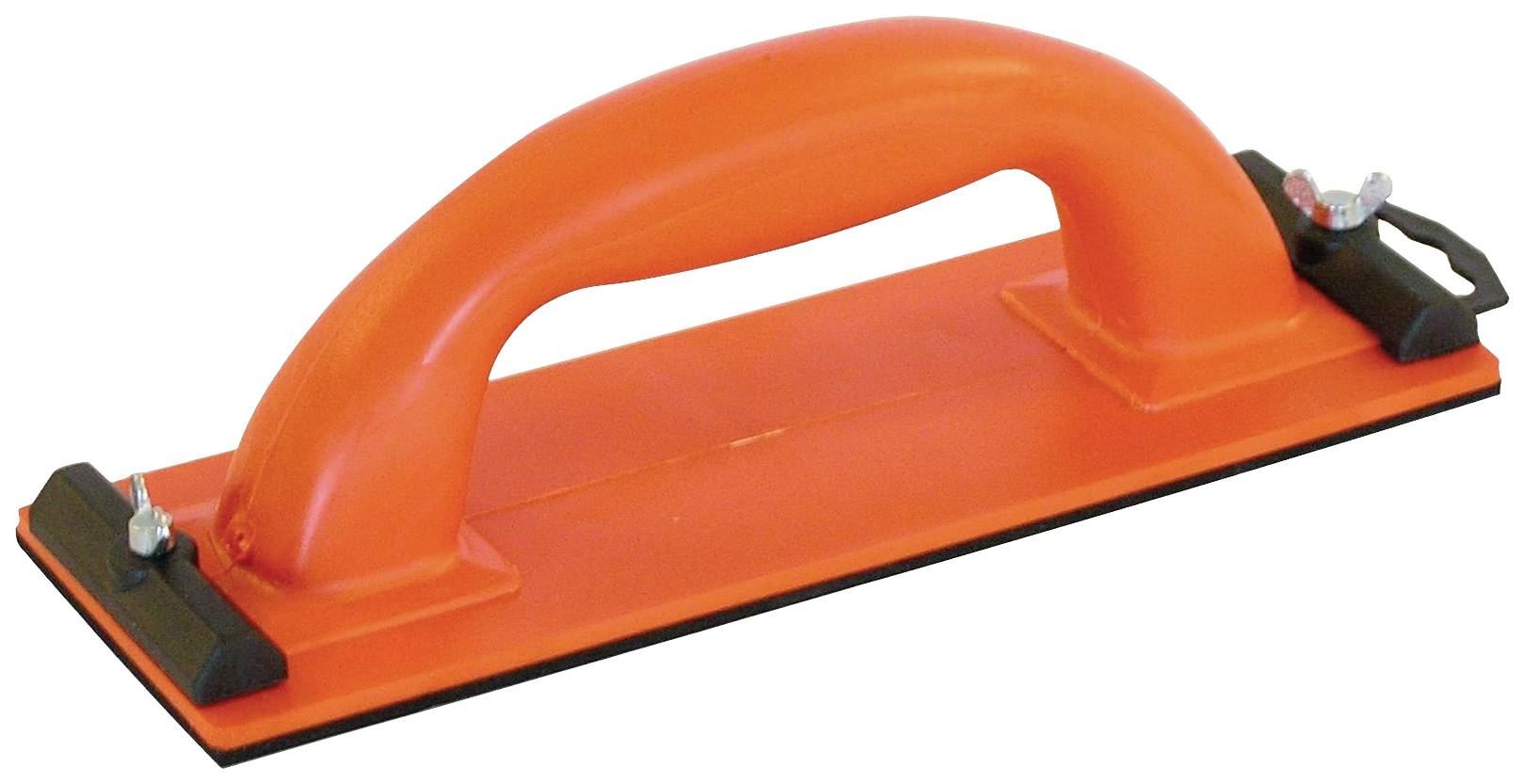 A red hand-held sanding tool with an orange handle is lying on a flat surface.