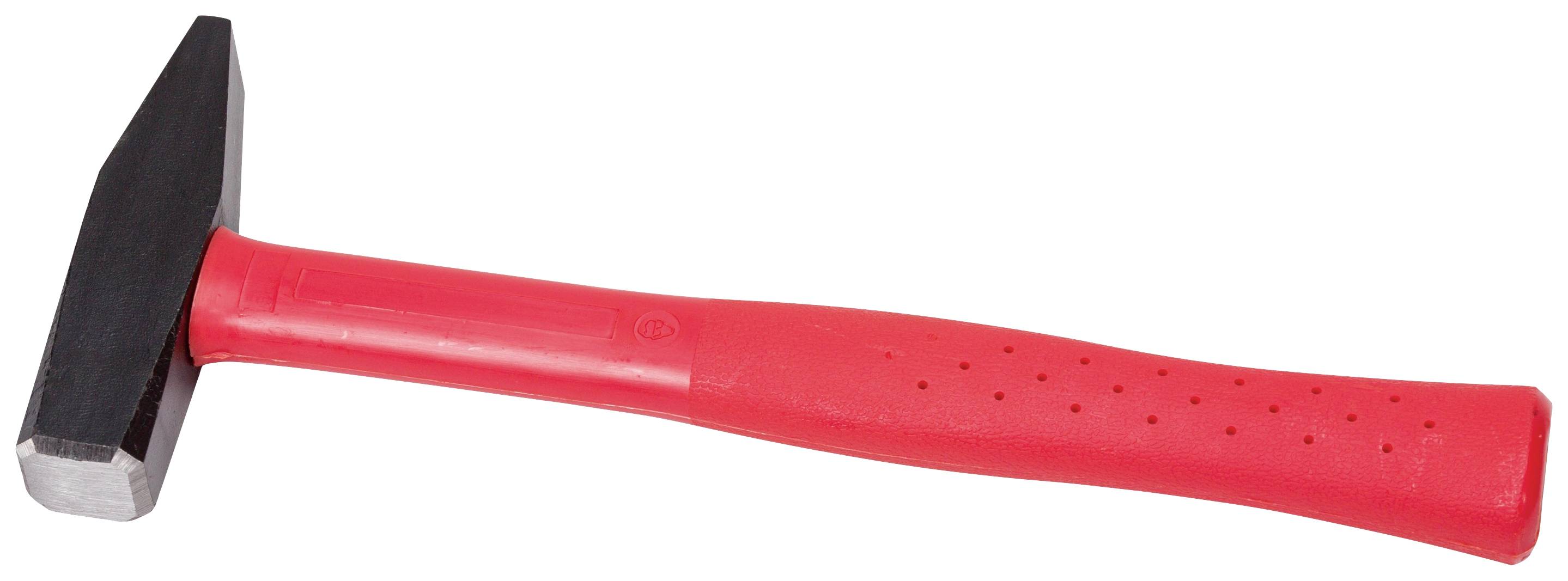 A hammer with a red handle and black head, lying on a plain white surface.