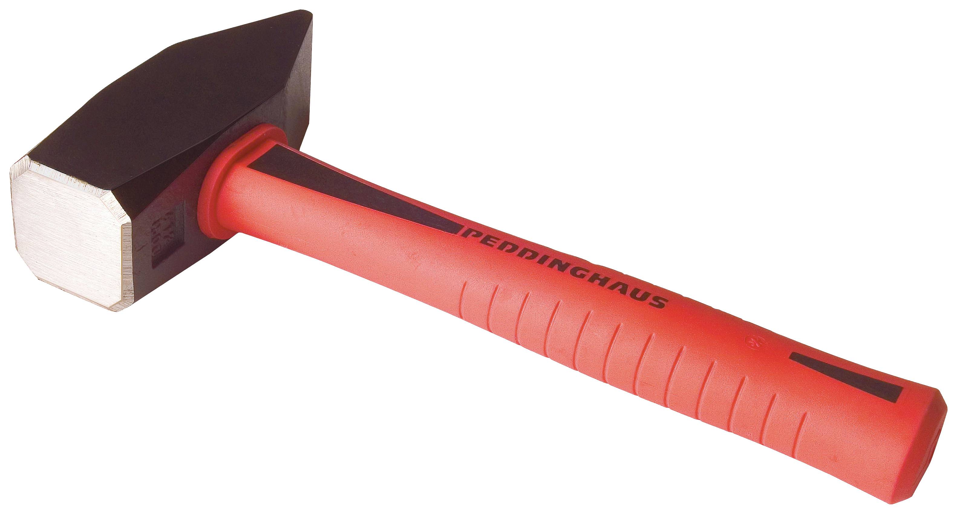 A sledgehammer with a red handle and black head, lying on its side.