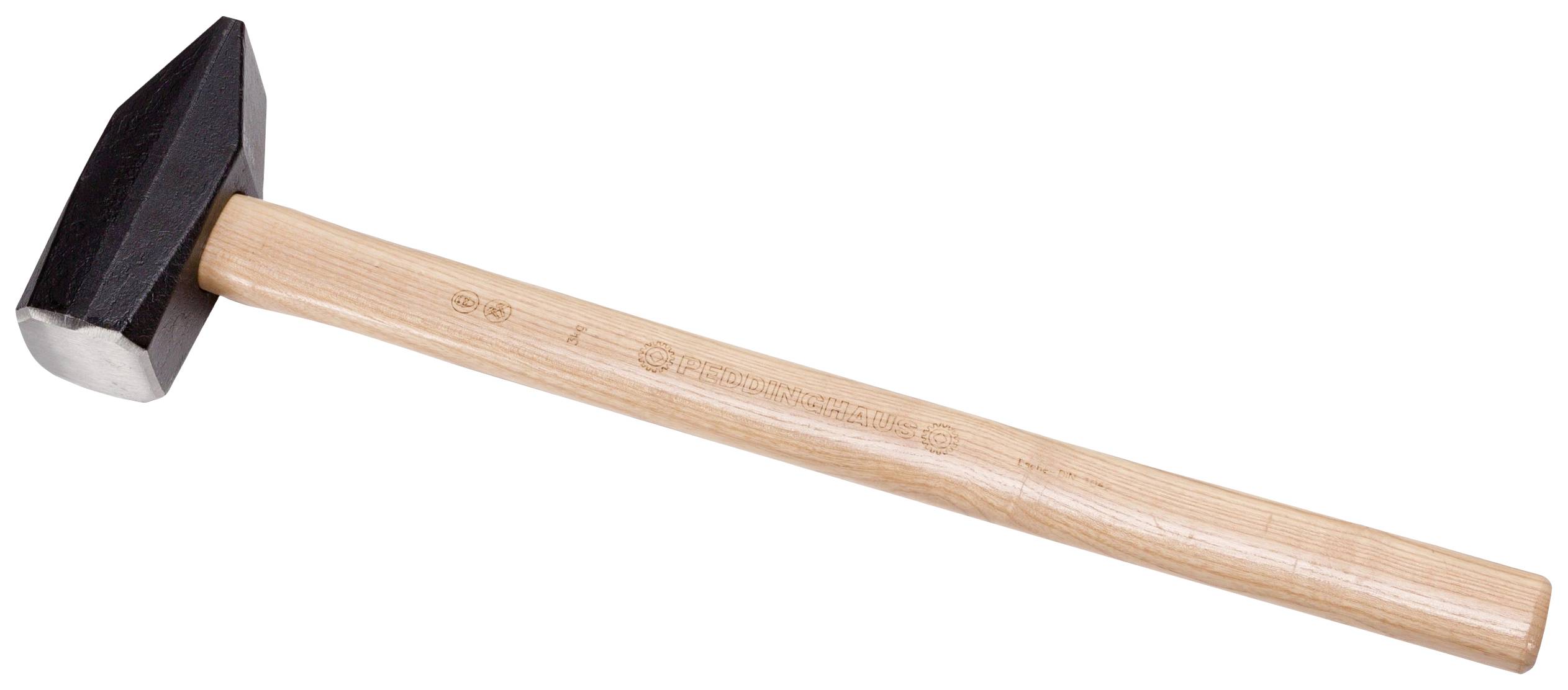 A hammer with a wooden handle and a metal head lies on a white background.