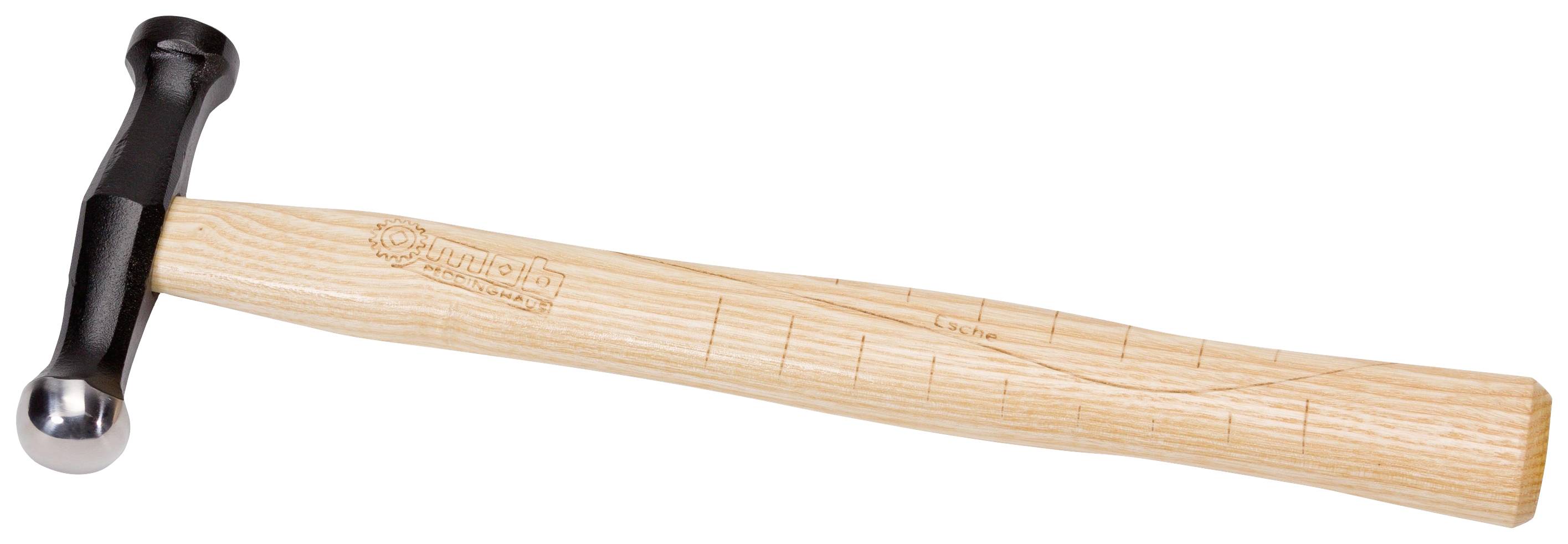 A hammer with a wooden handle and a metal head. The handle shows measurement markings.