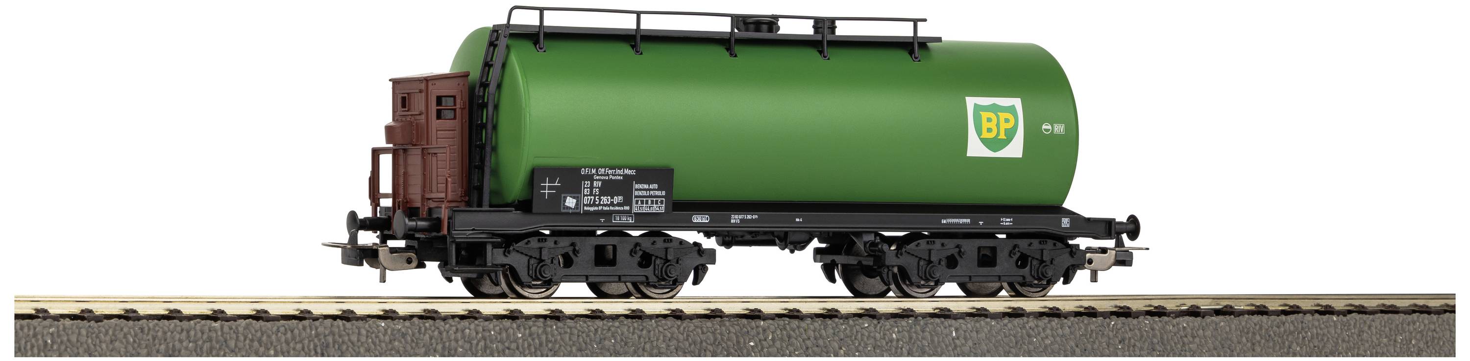 Green BP tank wagon on rails, viewed from the side. The wagon has a brown end and is suitable for liquid transportation.