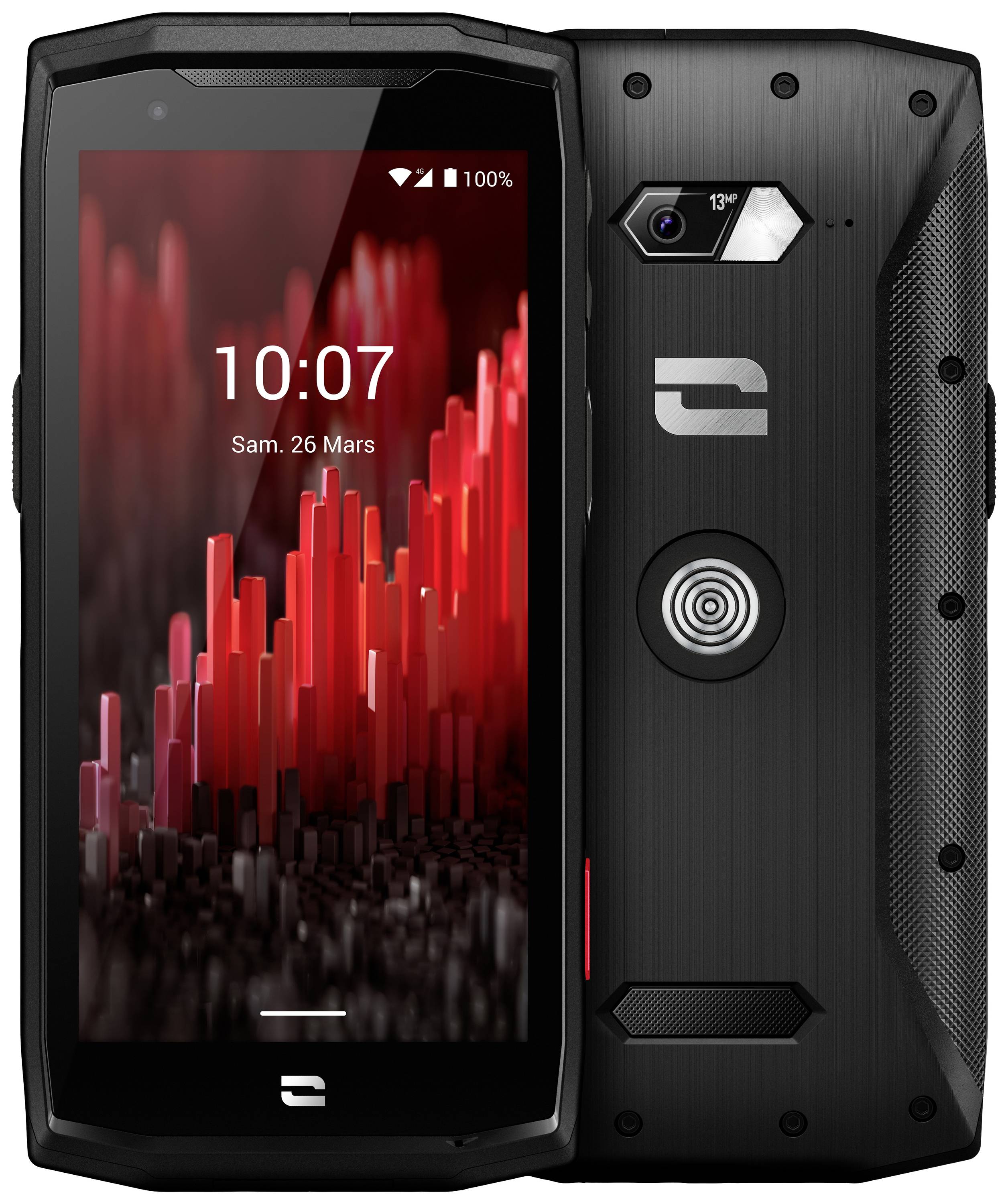 A robust smartphone with a black casing and a screen displaying a graphic with red vertical bars.