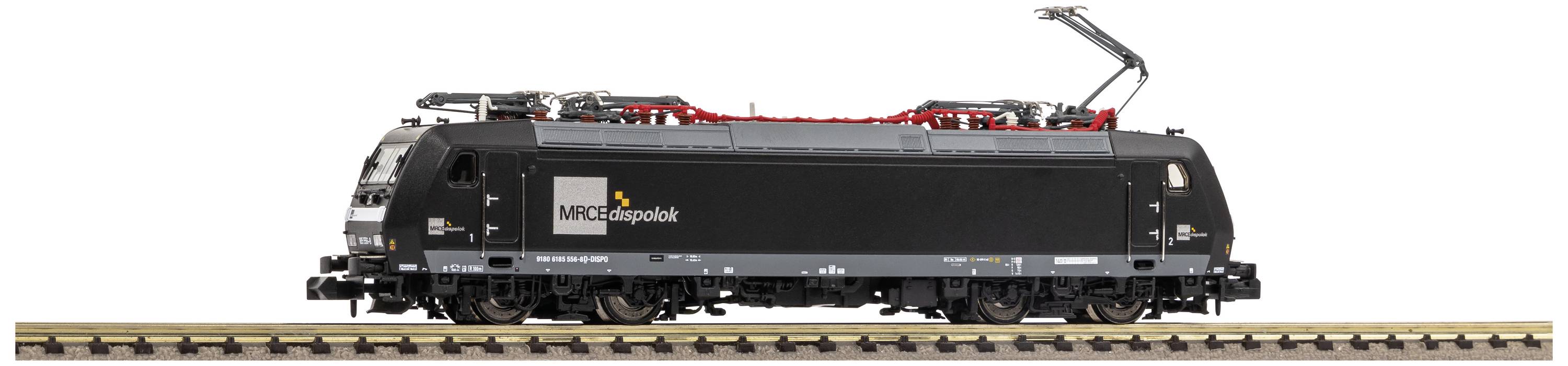 Black model railway locomotive on a track section, side view. It shows fine details such as pantographs and labelling.