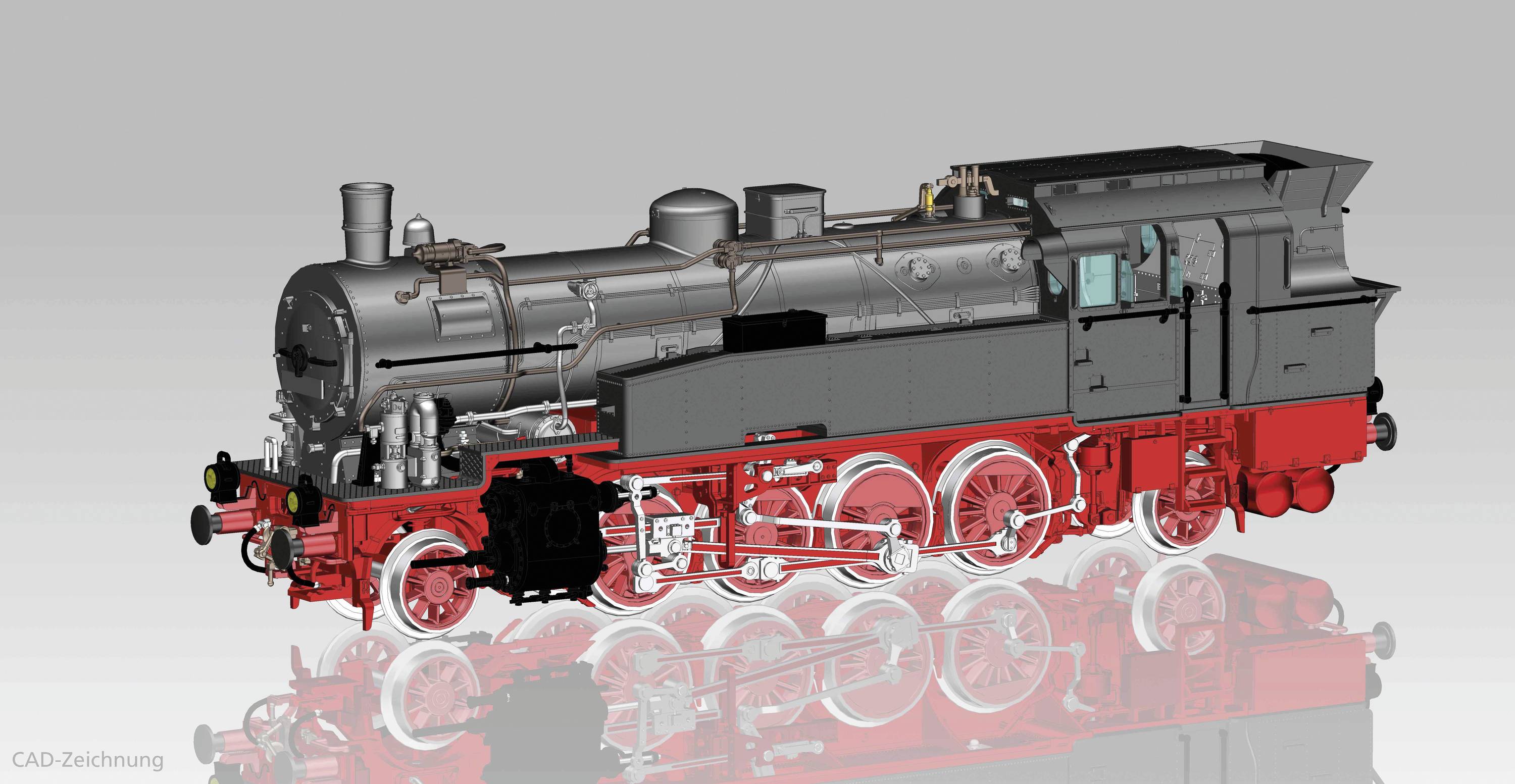 CAD drawing of a black steam locomotive with red wheels and detailed machine components, grey background.