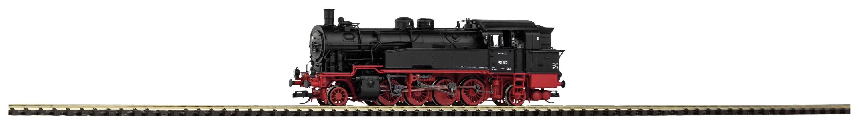 Black steam locomotive with red wheels on a track, photographed from the side. It looks nostalgic, symbolising old transport methods.