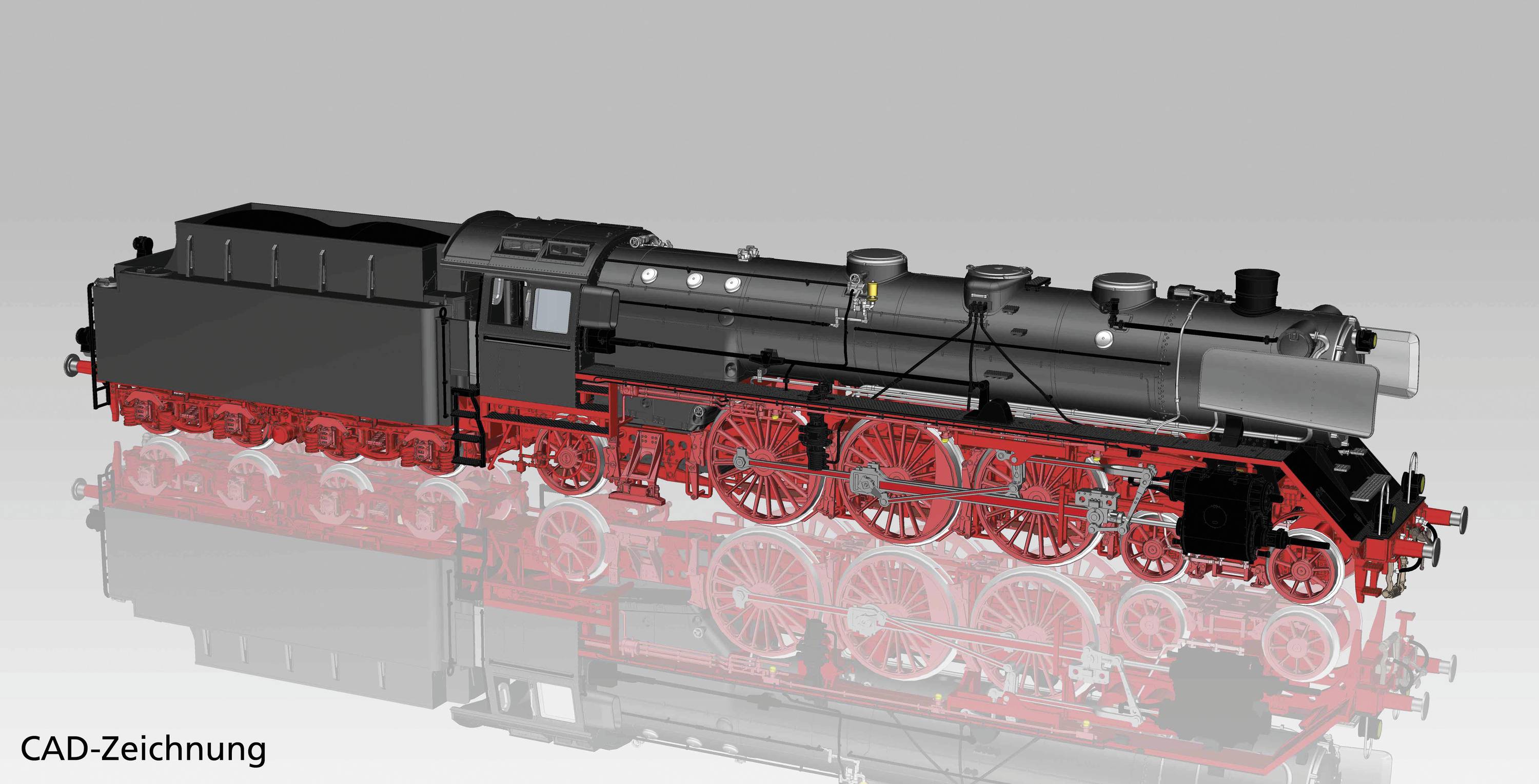 A CAD drawing of a historical steam locomotive with a red chassis and black boiler, shown from the side.