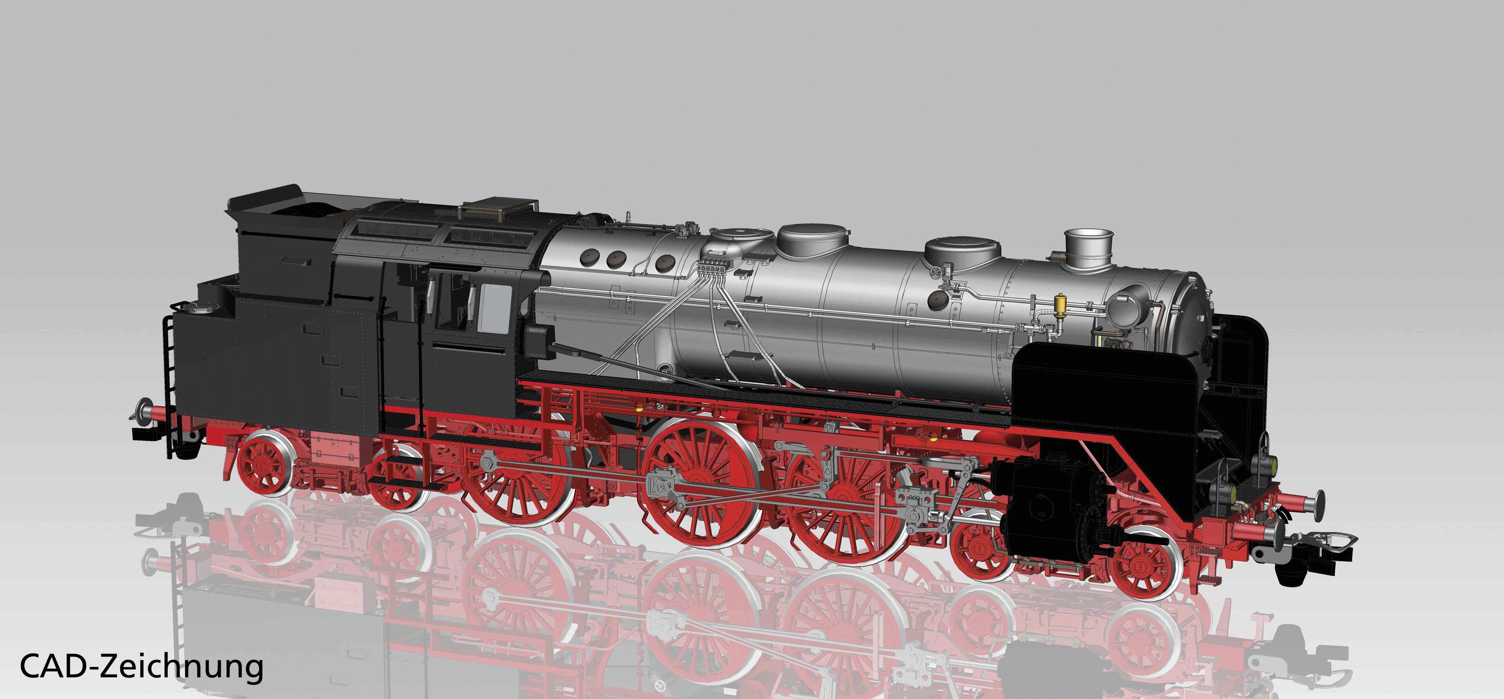 CAD drawing of a historical steam locomotive with a red chassis and black boiler, viewed from the side.
