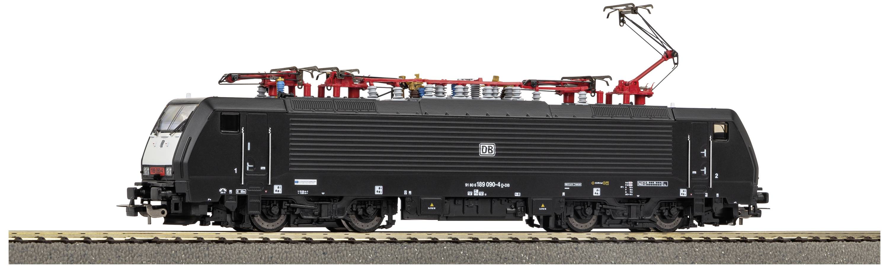 A black model locomotive with a red pantograph on a section of track, showing detailed technical features.