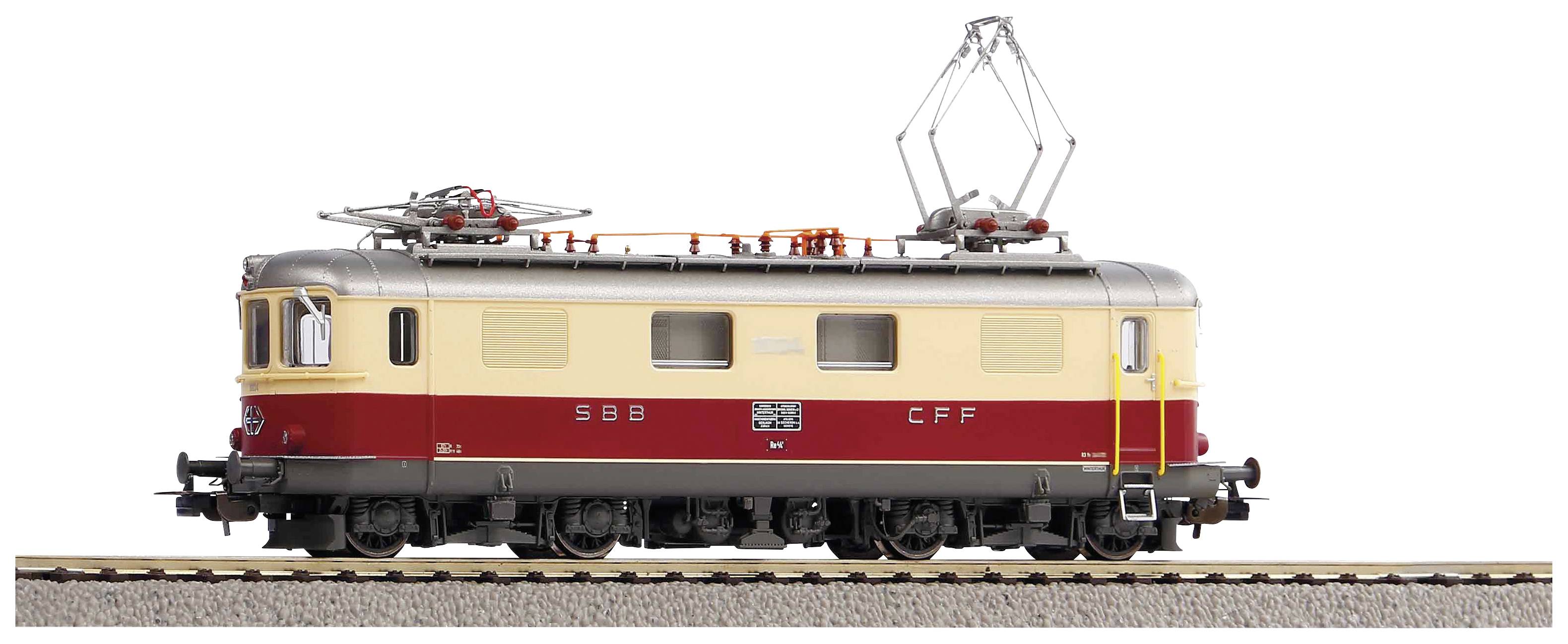Classic locomotive on railway track, painted in cream and red with the inscription 'SBB CFF', pantograph raised, rear view.