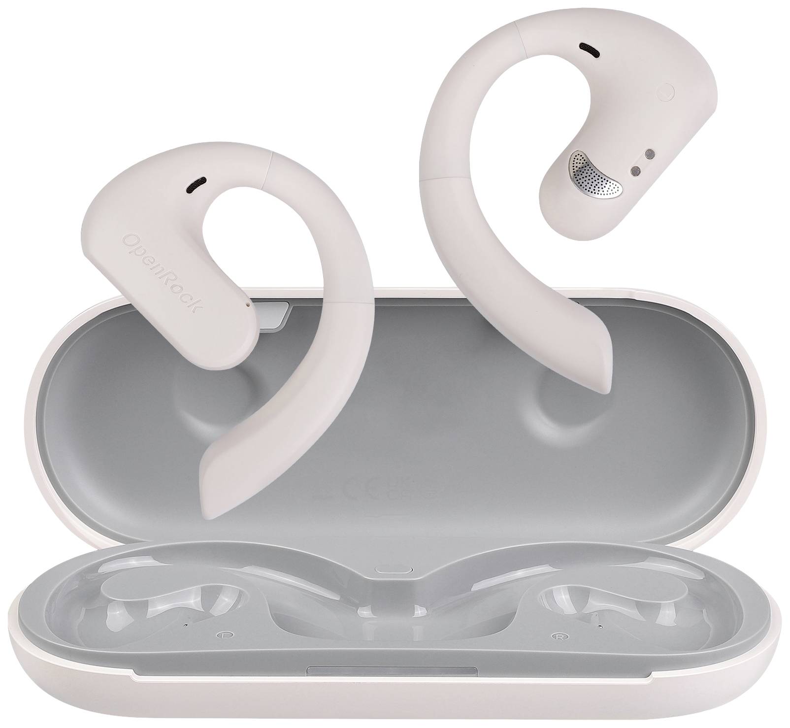 Wireless earbuds with an over-ear hook design in an open charging case. The earphones are ergonomically shaped and suitable for sporting activities.