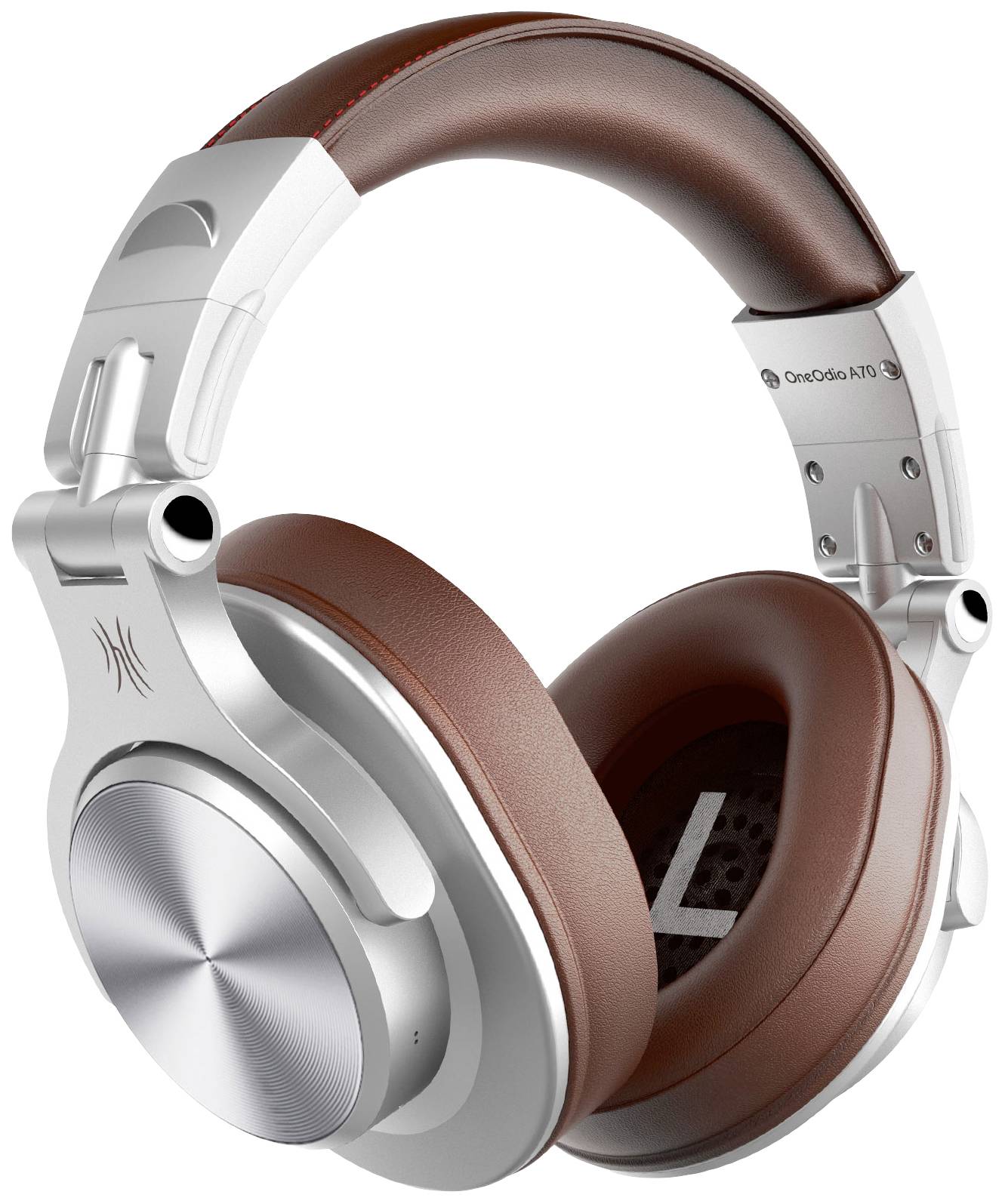 Silver over-ear headphones with brown leather ear cushions, offering comfort and stylish design for enjoying music.