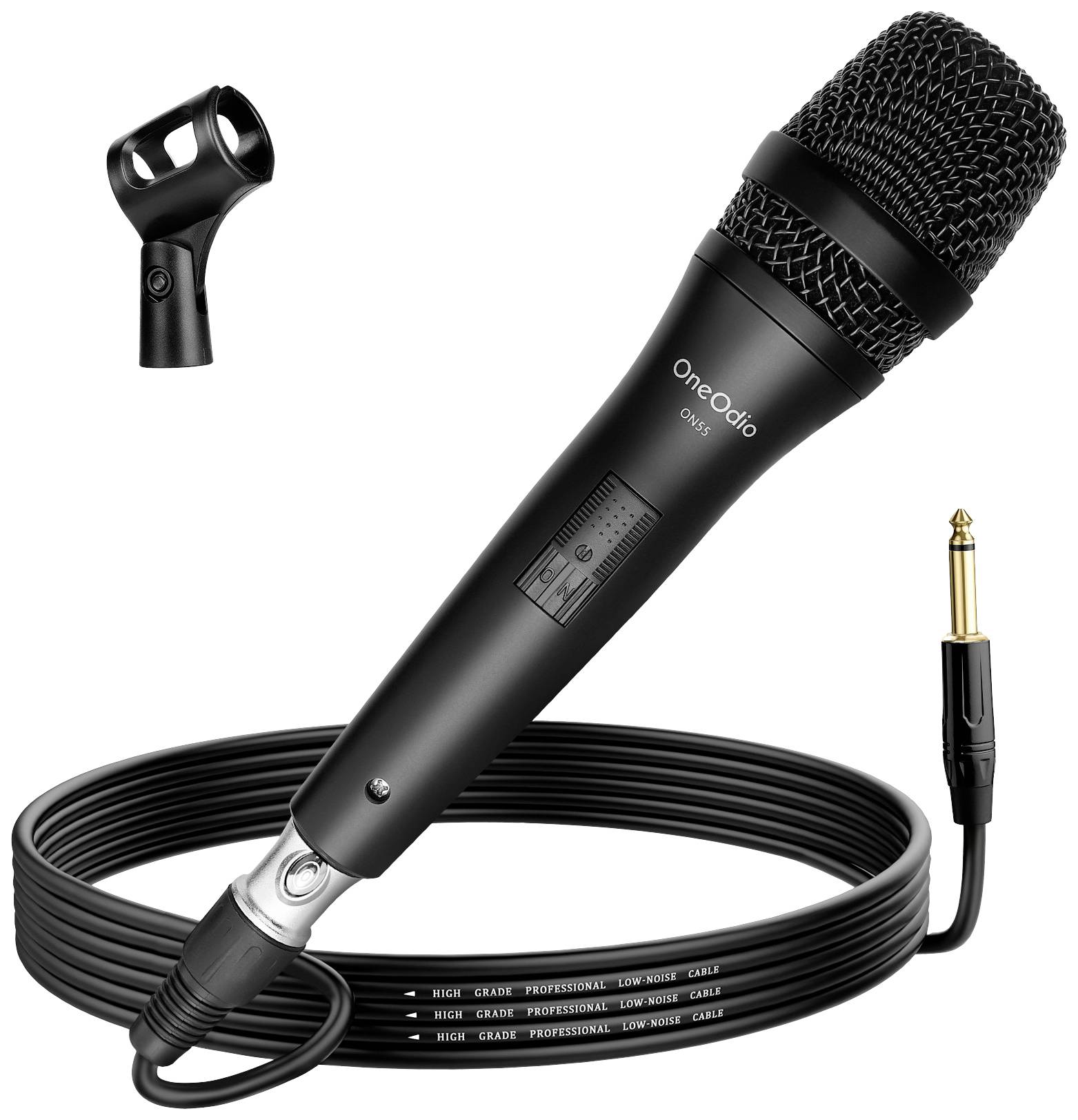 A black microphone with cable and adapter. Alongside it, a microphone stand. Perfect for vocal or voice recordings.