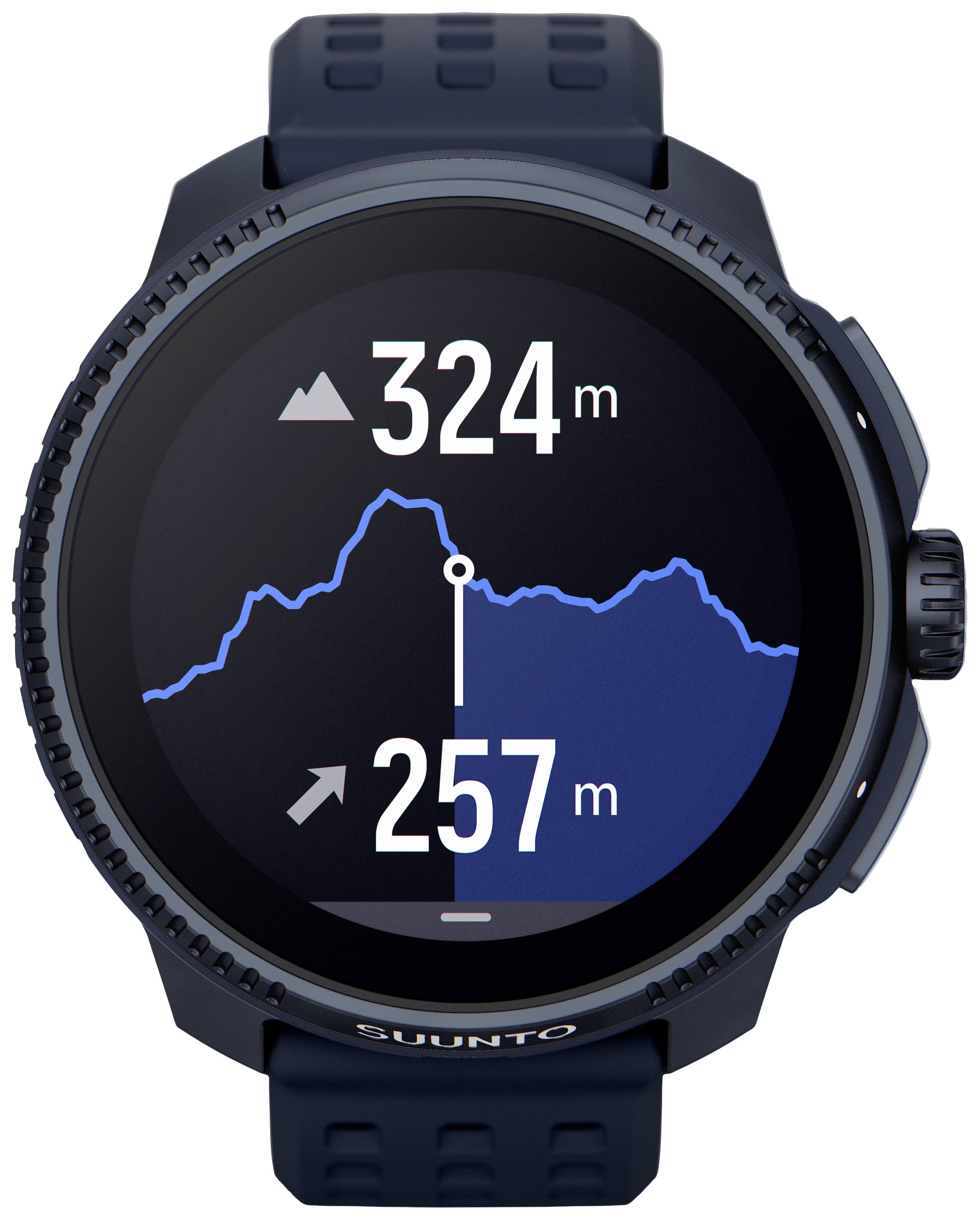 Digital wristwatch displays an elevation difference of 324 m to 257 m, with diagram and numbers on the screen.