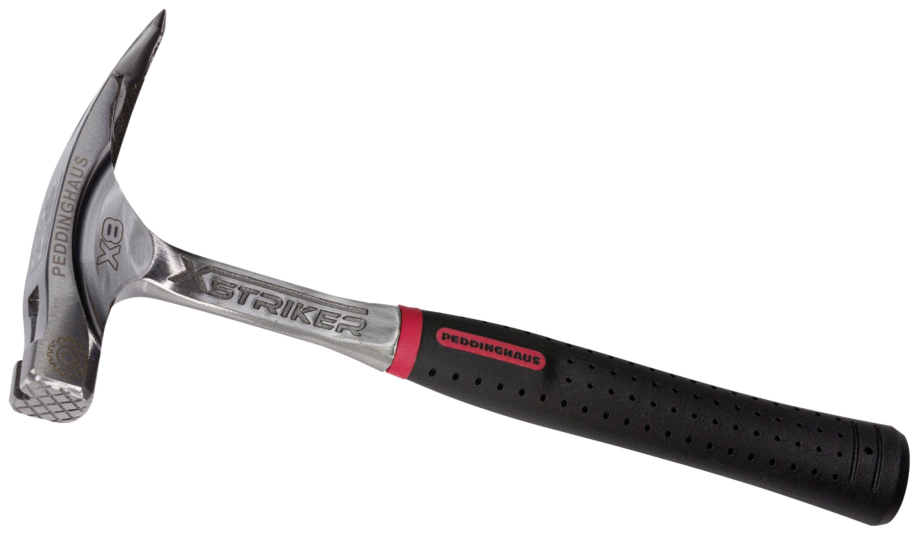 A silver hammer with a black handle, on which 'Striker' and 'Peddinghaus' are written, lies horizontally with the head pointing to the left.