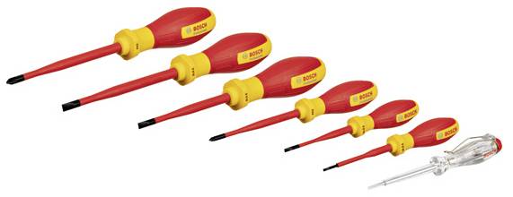 Set of seven Bosch screwdrivers in various sizes, six with red handles and a voltage tester with a transparent handle.