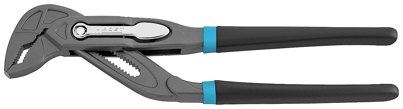 A grey water pump pliers with adjustable grip width and blue-black handles, perfect for gripping and holding pipes.